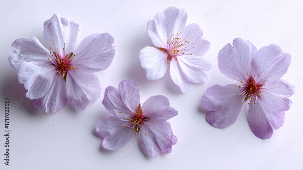 Obraz premium Overhead shot of four delicate blossoms in shades of pale purple and pink against a white backdrop