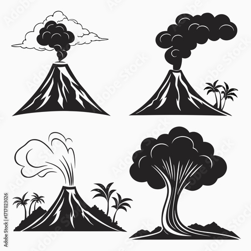 Tropical Volcano Illustrations With Palm Trees eruption