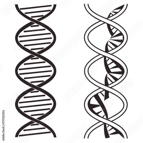 Two black and white DNA double helix illustrations