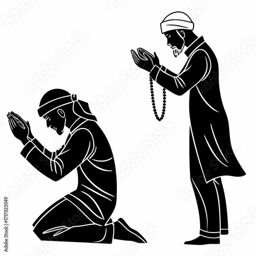 Two men in silhouette praying, one kneeling, one standing