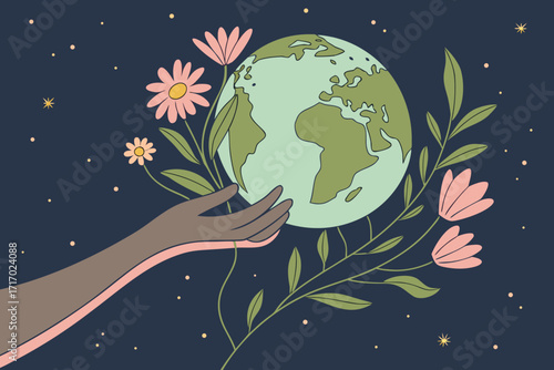 Hand holding planet earth with flowers growing in space concept