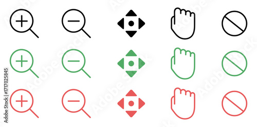 "UI Action Icon Set – 20 Minimal Symbols for Zoom, Pan, Grab, and Prohibited Tools in Black, Green, and Red Variants"
