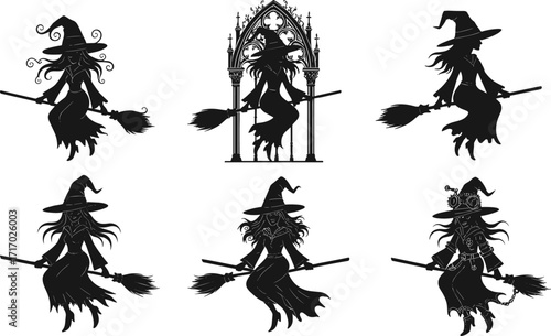 Halloween witch silhouette illustration, flying broomstick design, gothic fantasy artwork, spooky female witch figure, dark magic character, mysterious halloween witch drawing