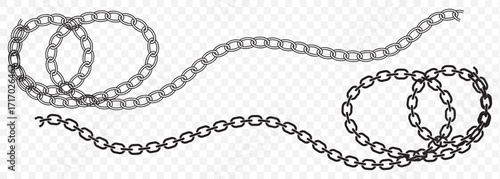 Metal chain link set in various sizes and styles, vector illustration, heavy-duty chains, isolated on Transparent background, industrial use. EPS 10.