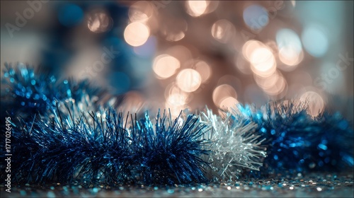 Close-up of blue New Year’s tinsel, 6 cm diameter with 2–3 mm fibers, lying on a festive fireplace with Christmas tree nearby, sparkling holiday bokeh background, decorative seasonal texture