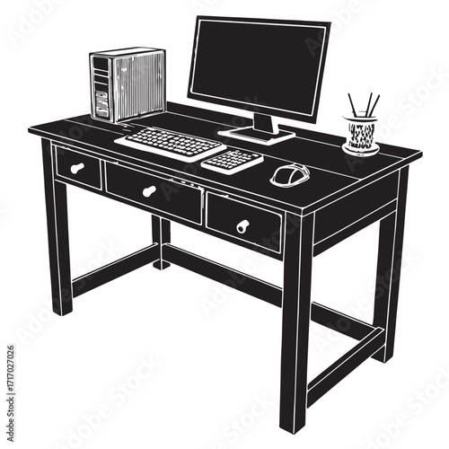 Black computer desk Silhouette Vector, High Quality Illustration on White Background