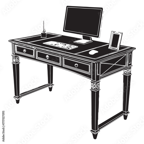Black computer desk Silhouette Vector, High Quality Illustration on White Background