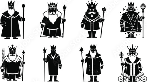King silhouette vector illustration with crown, royal monarch holding scepter, powerful ruler artwork, regal male character design, majestic sovereign figure
