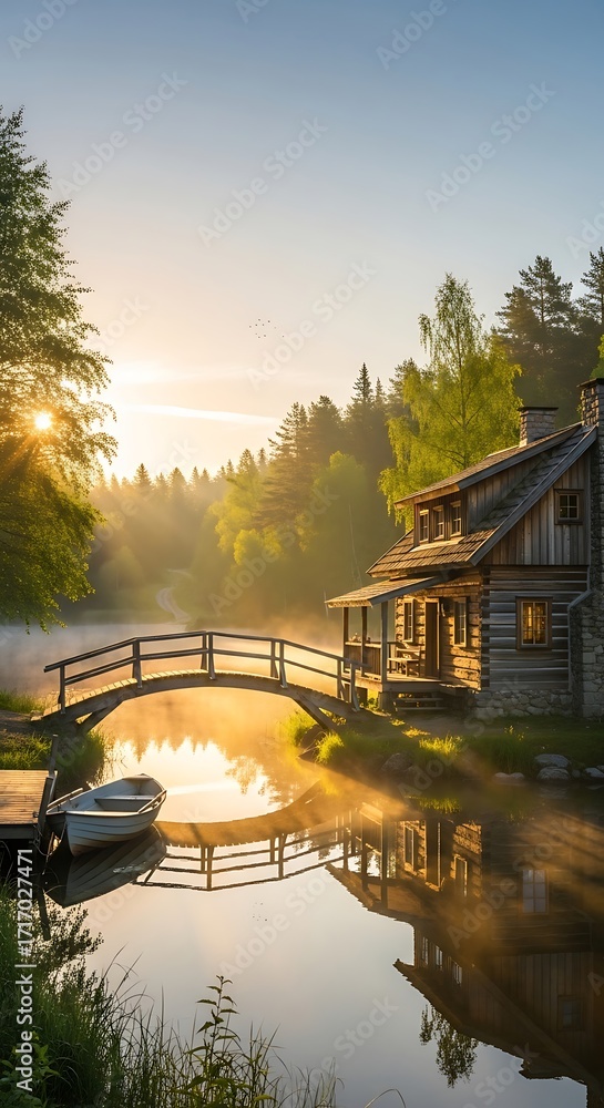 Fototapeta premium Tranquil wooden cabin nestled beside a serene lake, bathed in the golden light of sunrise, with a charming wooden bridge and a small boat.