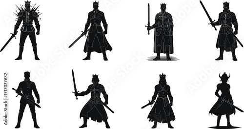 Powerful warrior king silhouette with sword, medieval royal knight illustration, fantasy king artwork, crown armor soldier, heroic battle character design