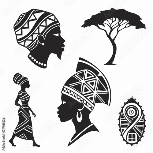 African Silhouettes Including Women, Tree, And Ornament