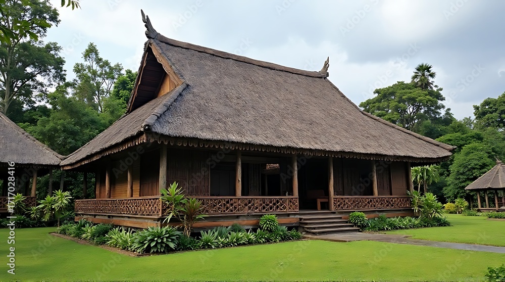 Fototapeta premium Traditional Indonesian wooden house with thatched roof, nestled in a lush green garden.