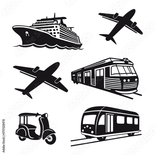 Assorted Transport Silhouettes with Two Airplanes Keywords: airplane, aircraft, jet, cruise ship