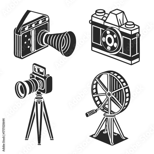 Assortment of Vintage Cameras and Film Equipment illustration