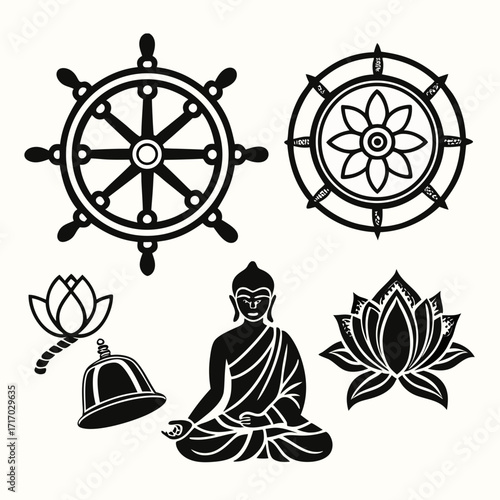 Buddhist Symbols Collection Dharma Wheel Buddha Bell Keywords: buddhism, dharma wheel, buddha
