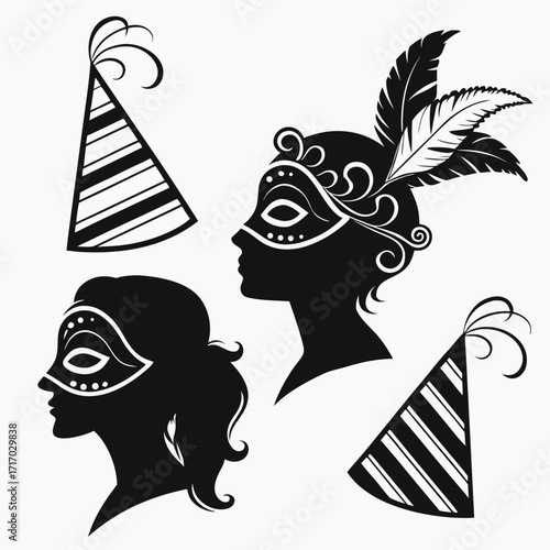 Carnival masks and party hats silhouettes profile woman