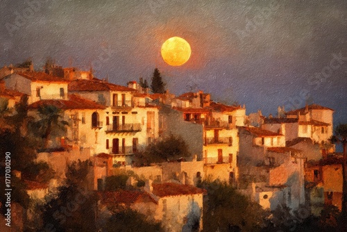 Moonlit Village - A Serene Nightscape of Warmth and Light.
