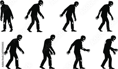 Zombie silhouette illustration, scary undead creature walking, creepy horror figure design, spooky monster artwork, apocalyptic nightmare character, dark evil shadow silhouette