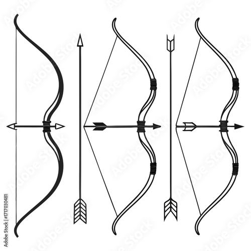Collection of stylized bows and arrows in black and white