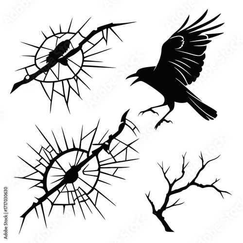 Crow and Thorny Branch Icons Keywords: crow, bird, raven, flying, perched, branch, tree, thorny
