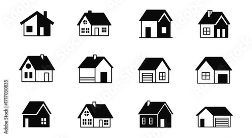 Collection of House and Home Icons
A set of twelve black and white vector icons representing various house, home, and building designs, perfect for real estate, property, and architecture themes.
