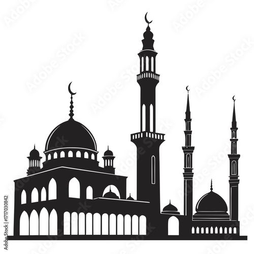 Detailed Silhouette of an Islamic Mosque with Domes and Minarets