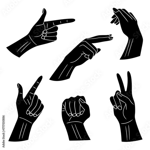 Diverse Black Silhouette Hand Poses gesture sign