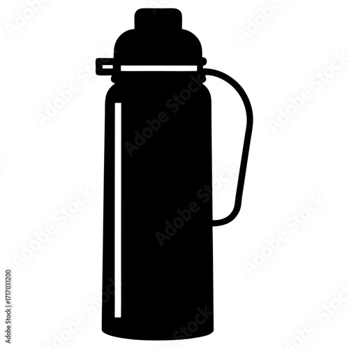 A classic insulated thermos bottle with a handle black and white vector on white background.