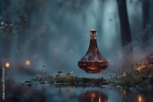 Mystical Potion Bottle Floating Above Water in Enchanted Forest.