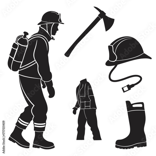 Firefighter Gear and Silhouettes on White Background Keywords: firefighter, fire fighter