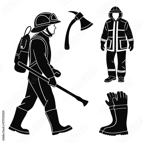Firefighter silhouette with equipment on white background