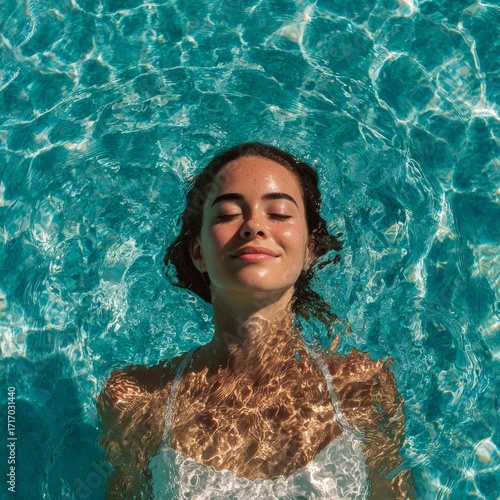 A serene woman is floating peacefully in a clear blue pool