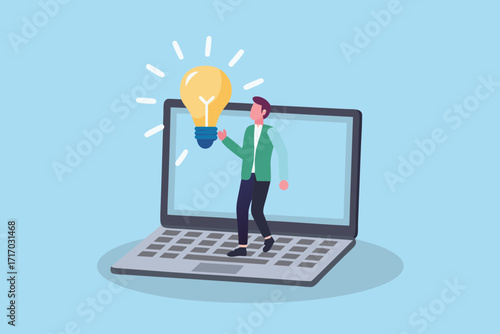 Man holding a glowing lightbulb emerging from a laptop screen representing a new idea or innovation