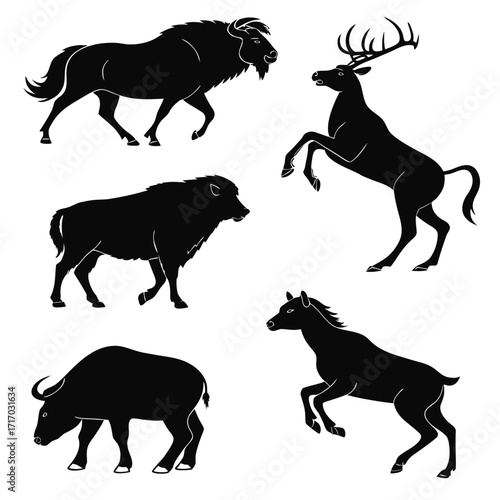 Five Silhouette Animals Including Bison Deer Boar Horse And Buffalo