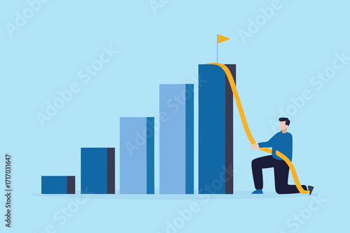 Man pulling a rope up a rising bar graph towards a flag representing success and achievement