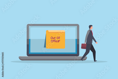 Businessman walking away from laptop with out of office message on screen