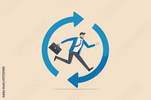 Businessman running in a continuous loop representing workflow and business cycle with a briefcase