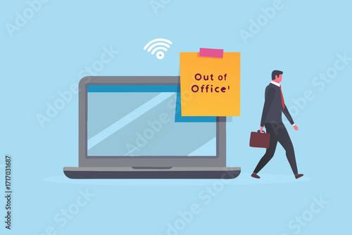Businessman walking away from laptop with out of office message and wifi symbol