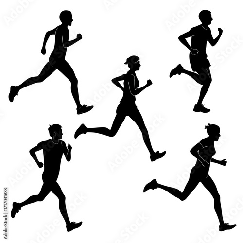 Five Silhouettes of Runners in Motion running athlete