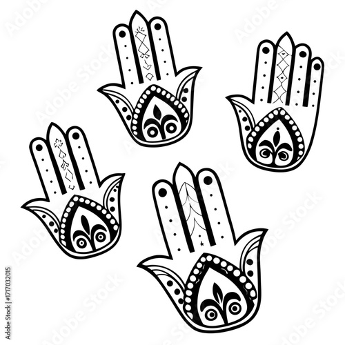 Four Black Hamsa Hands With Geometric Patterns illustration
