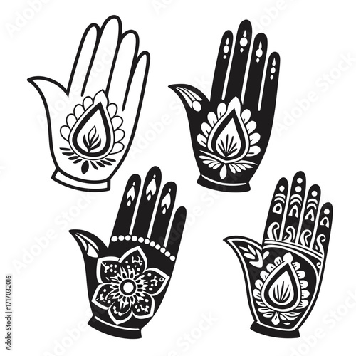 Four Black Henna Hands With Floral Designs illustration