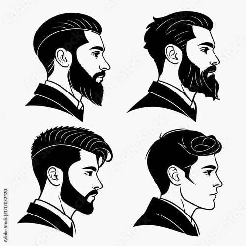 Four Profile Silhouettes of Men with Beards and Hairstyles
