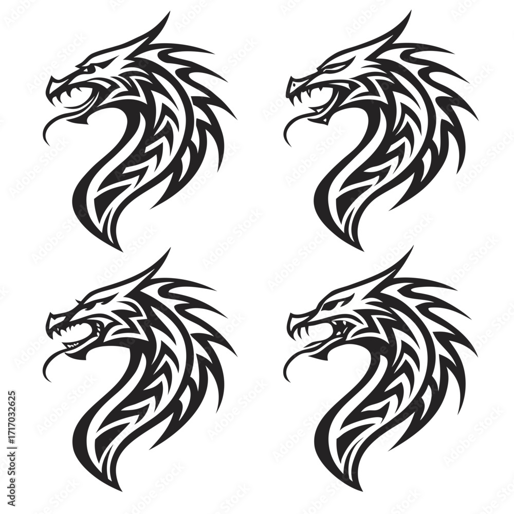 Fototapeta premium Four Stylized Tribal Dragon Head Illustrations tattoo