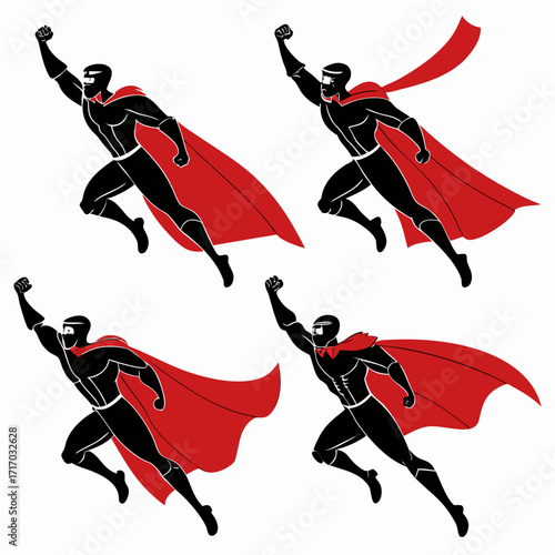 Four Superheroes in Flight with Red Capes flying