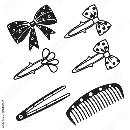 Hair Accessories Bows Clips and Comb Hand Drawn Style