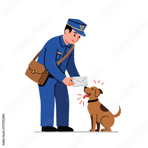 A friendly postman with a mail bag bends down to happily pet a joyful dog wagging its tail in a vibrant 2D flat vector illustration on a clean white background.