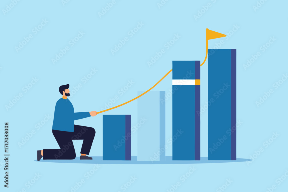 Fototapeta premium Man pulling a rope to raise a bar graph towards a goal flag representing growth and success