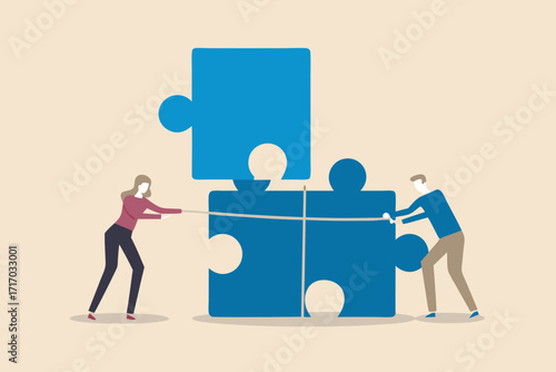 Two people pulling a rope attached to large blue puzzle pieces trying to connect them
