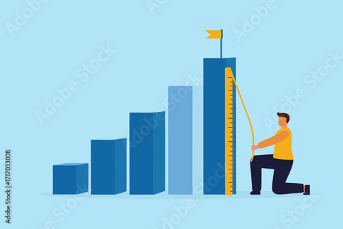 Man measuring the height of a growing bar chart with a flag on top representing success