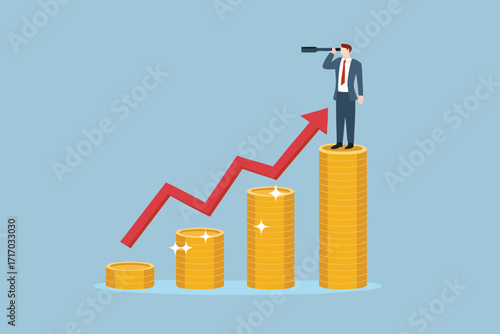 Businessman with telescope standing on stack of coins looking at upward trending arrow representing financial growth